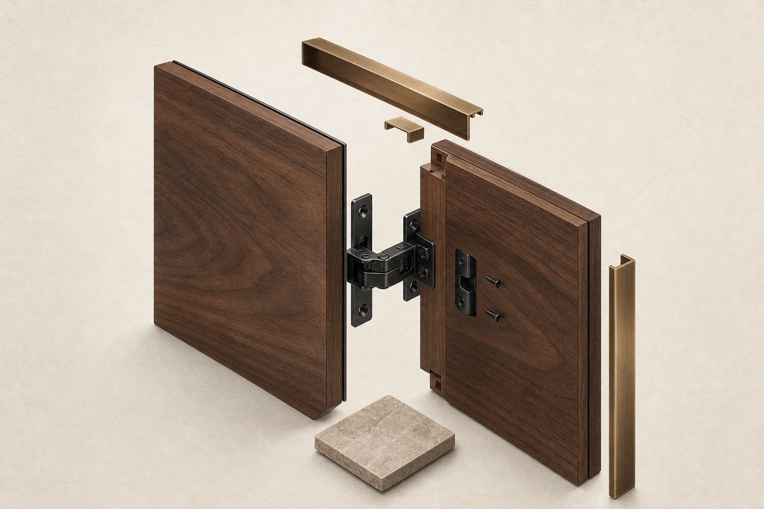 Ilustração editorial de um encaixe de marcenaria com ferragem oculta